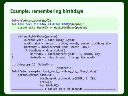 Output from a subsequent run that found the bug, taking just 0.09 seconds.