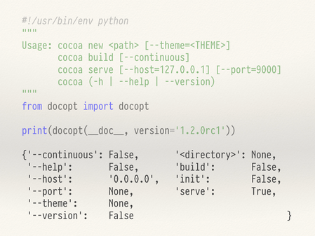 The output of the docopt.docopt function.