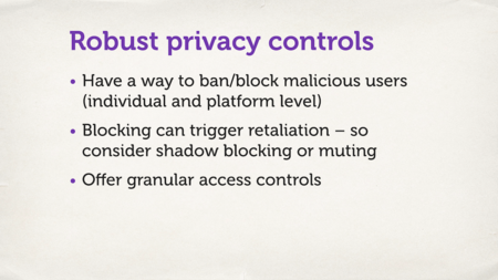 A slide with a bulleted list. “Robust privacy controls”.