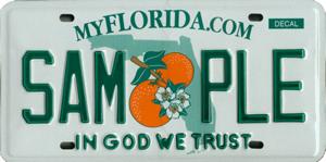 A Florida license plate. The plate has a light green background with dark green lettering. At the top is a URL ('myflorida.com'), then the registration number ('SAM PLE') and below that a slogan ('In God we trust'). The background of the plate also has a light green outline of the state, and there's an illustration of some oranges between 'SAM' and 'PLE'.