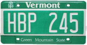 A Vermont license plate. The plate is green with white lettering. The lettering has the name of the state, the registration number ('HBP 245') and a subtitle ('Green Mountain State').